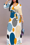 Dark Gray Casual Street Geometric Print Leopard Lace Up Contrast V Neck Printed Dresses