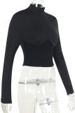 Black Casual Solid Color Patchwork O Neck Tops