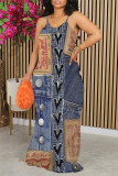 Multicolor Sexy Faux Denim Print Contrast U Neck Printed Dresses