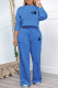 Blue Casual Street Letter Print Draw String Pocket O Neck Long Sleeve Two Pieces