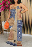 Multicolor Sexy Faux Denim Print Contrast U Neck Printed Dresses