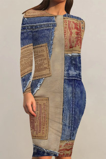 Blue Coffee Casual Daily Faux Denim Print Contrast O Neck Printed Dresses