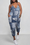 Blue Coffee Casual Street Faux Denim Print Pocket Contrast V Neck Jumpsuits