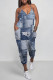 Baby Blue Casual Street Faux Denim Print Pocket Contrast V Neck Jumpsuits