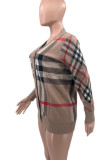 Khaki Casual Plaid Buckle Patchwork V Neck Outerwear