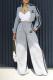Grey Casual Street Letter Print Stripe Patchwork Zipper Mandarin Collar Long Sleeve Two Pieces