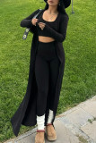 Black Casual Solid Color Patchwork U Neck Long Sleeve Three Pieces