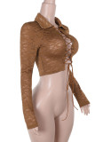 Brown Sexy Solid Color Lace Hollow Out Patchwork Cross Straps Asymmetrical Collar Tops