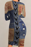 Baby Blue Casual Daily Faux Denim Print Contrast O Neck Printed Dresses