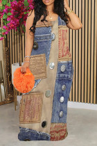 Multicolor Sexy Faux Denim Print Contrast U Neck Printed Dresses