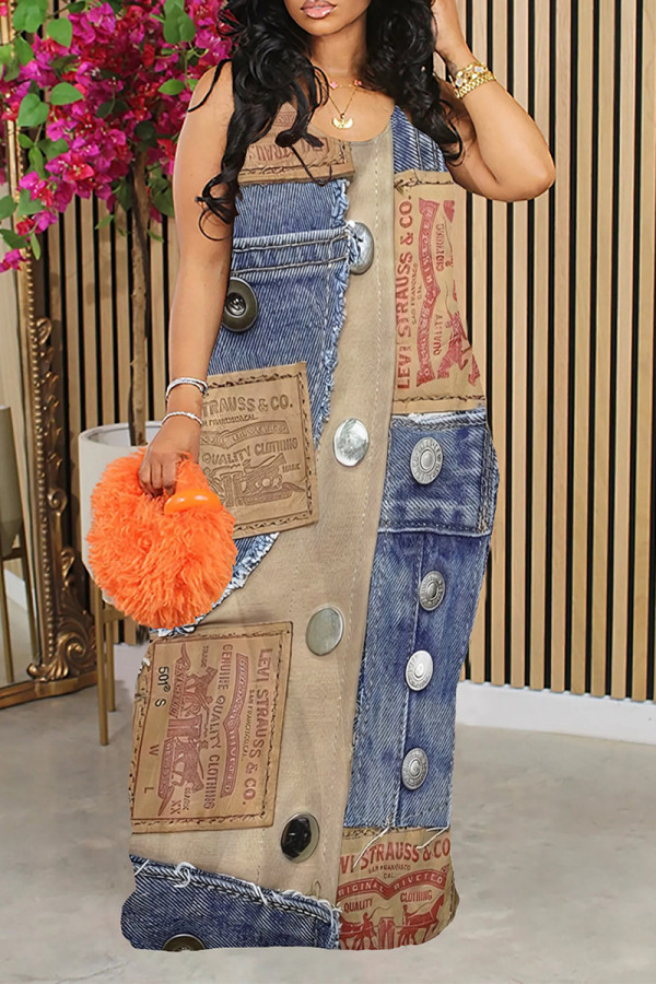 Multicolor Sexy Faux Denim Print Contrast U Neck Printed Dresses