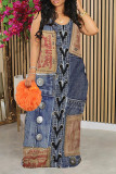 Multicolor Sexy Faux Denim Print Contrast U Neck Printed Dresses