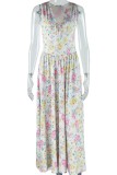 Multicolor Casual Floral Print Lace Up Belted V Neck Long Dresses