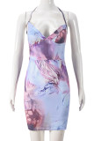 Multicolor Sexy Print Patchwork Backless Halter Wrapped Skirt Dresses