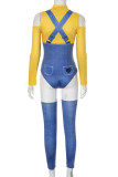 Yellow And Blue Sexy Heart Shaped Hollow Out Buttons Patchwork Contrast Turtleneck Long Sleeve Two Pieces