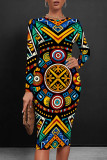 Multicolor Sexy Print Patchwork O Neck Wrapped Skirt Dresses