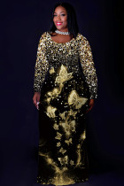 Black Gold Casual Print Basic O Neck Long Plus Size Dresses