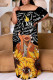 Black Casual Print Patchwork Off Shoulder Long Plus Size Dresses