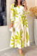 Multicolor Casual Leaf Print Lace Up O Neck Long Dresses