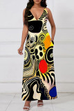 Multicolor Casual Print Pocket Patchwork V Neck Long Dresses