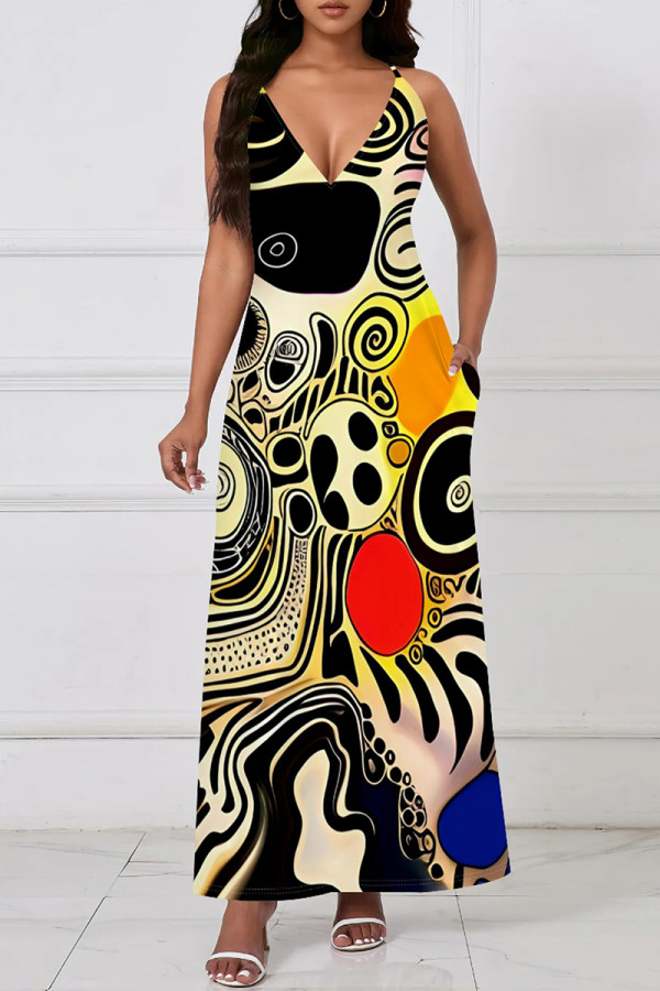 Multicolor Casual Print Pocket Patchwork V Neck Long Dresses