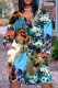 Blue Casual Floral Print Basic V Neck Long Sleeve Plus Size Dresses