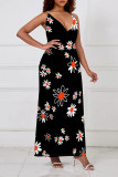 Yellow Sexy Floral Print Contrast V Neck Sling Dresses