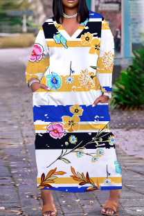 Yellow And Blue Casual Floral Print Basic V Neck Long Plus Size Dresses