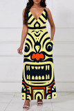 Multicolor Casual Print Pocket Patchwork V Neck Long Dresses