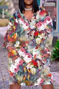 Pale Red Casual Floral Print Basic V Neck Long Sleeve Plus Size Dresses
