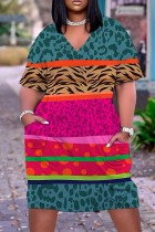 Blue Red Casual Print Basic V Neck Short Sleeve Plus Size Dresses