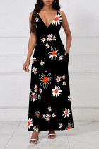 Black Sexy Floral Print Contrast V Neck Sling Dresses