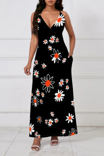 Black Sexy Floral Print Contrast V Neck Sling Dresses