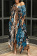 Blue Casual Print Pocket Patchwork Oblique Collar Irregular Dresses