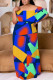 Blue Casual Print Patchwork Off Shoulder Long Plus Size Dresses
