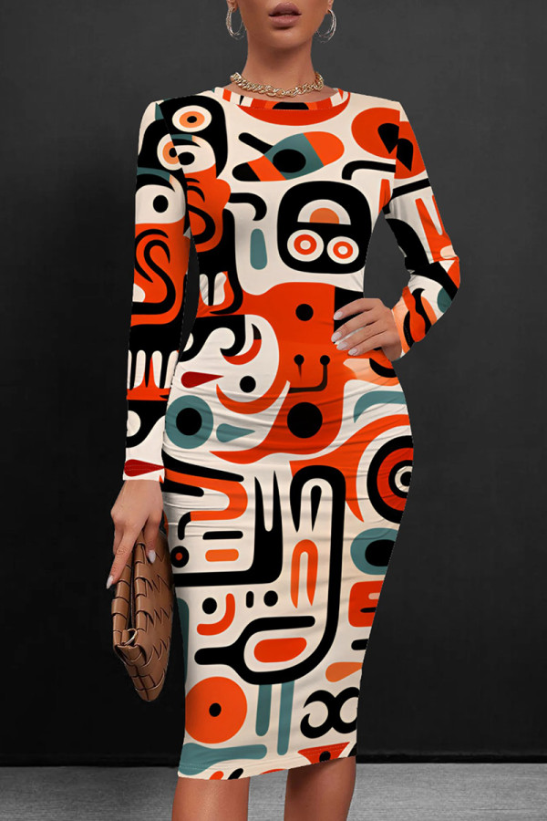 Orange Sexy Print Patchwork O Neck Wrapped Skirt Dresses