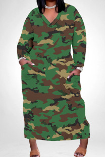 Green Casual Camouflage Print Pocket Patchwork V Neck Straight Plus Size Dresses