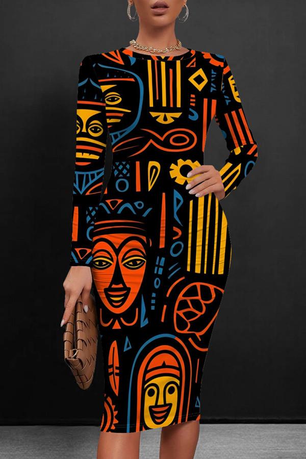 Black Yellow Sexy Print Patchwork O Neck Wrapped Skirt Dresses