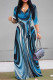 Blue Casual Geometric Print Lace Up Contrast V Neck Printed Dresses