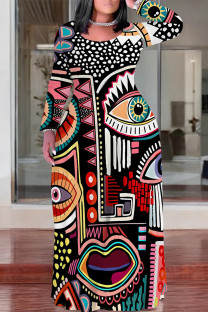 Black And White Casual National Totem Print Contrast O Neck Printed Plus Size Dresses