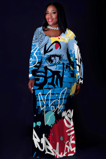Blue Casual Print Basic O Neck Long Plus Size Dresses