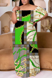 Green Casual Print Patchwork Off Shoulder Long Plus Size Dresses