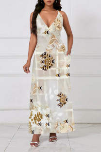 Beige Sexy Floral Print Contrast V Neck Sling Dresses