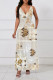 Beige Sexy Floral Print Contrast V Neck Sling Dresses