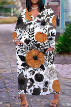 White Grey Casual Floral Print Basic V Neck Long Plus Size Dresses
