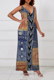 Baby Blue Sexy Faux Denim Print Pocket Contrast V Neck Sling Dresses