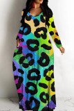 Dark Brown Casual Print Basic V Neck Long Dresses