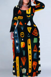 Brown Casual National Totem Print Contrast O Neck Printed Plus Size Dresses
