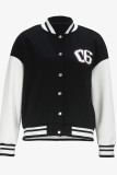 Black Casual Letters Buckle Patchwork Contrast V Neck Outerwear