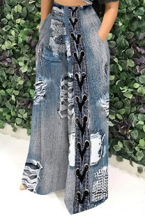 Baby Blue Casual Faux Denim Print Pocket Contrast Loose High Waist Wide Leg Full Print Bottoms